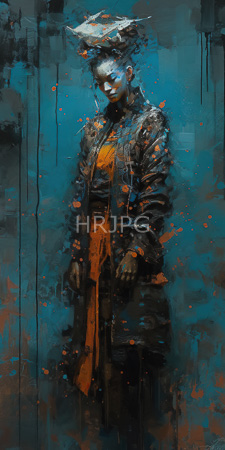 High Resolution: Abstract painting of a person with pale blue skin wearing dark clothing and orange accents over their chest area download. | HRJPG.com