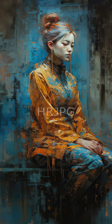 High Resolution: Asian woman with fair skin and red hair in a bun wearing traditional yellow-orange Chinese attire adorned with blue floral patterns download. | HRJPG.com