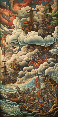 High Resolution: Intricate colorful illustration in Baroque style depicting turbulent seas and dramatic skies filled with swirling clouds and vibrant reds blues greens oranges and browns download. | HRJPG.com