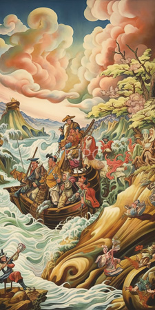 High Resolution: Intricate colorful painting in traditional Chinese style depicting chaotic ocean waves with multiple small boats filled by diverse figures wearing historical attire download. | HRJPG.com