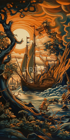 High Resolution: Intricate stylized painting depicting a dramatic sunset scene with rich orange and blue hues download. | HRJPG.com