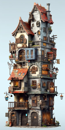 High Resolution: Intricately detailed whimsical multi-story house with uneven architecture and varied textures in earthy tones download. | HRJPG.com