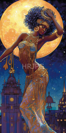 High Resolution: African woman with dark skin and curly blue-black hair wearing ornate gold jewelry including headpiece armlets necklace chains draped over her bare breasts download. | HRJPG.com