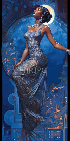 High Resolution: Elegant dark-skinned woman with braided hair in intricate blue lace gown against moonlit cityscape background download. | HRJPG.com