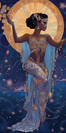High Resolution: Elegant dark-skinned woman with afro hair adorned in intricate gold and blue patterned attire featuring sheer fabric draped over her body download. | HRJPG.com