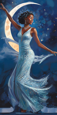 High Resolution: Elegant Black woman dancing under a crescent moon in deep blue night sky with stars wearing a shimmering light-blue evening gown download. | HRJPG.com