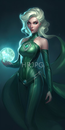 High Resolution: Attractive fair-skinned woman with platinum blonde hair in loose waves wearing a form-fitting green bodysuit adorned with scale-like patterns and emerald gem accents download. | HRJPG.com