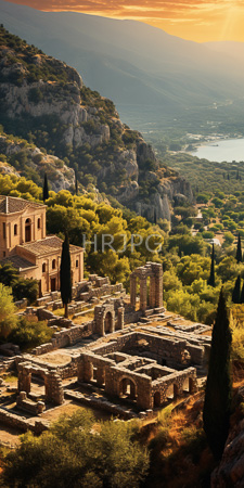 High Resolution: Ancient Roman ruin with stone arches and columns surrounded by lush greenery on sunlit hillsides at sunset download. | HRJPG.com