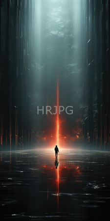 High Resolution: Isolated silhouetted figure standing at center in front of towering dark structures with reflective wet ground below them download. | HRJPG.com