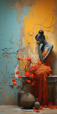High Resolution: Ethereal blue-skinned woman with dark hair in an updo sitting on aged wooden bench against peeling turquoise and yellow walls download. | HRJPG.com