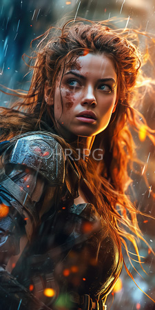 High Resolution: Intense-looking woman with long red hair and blue eyes in medieval-style armor during rainstorm download. | HRJPG.com