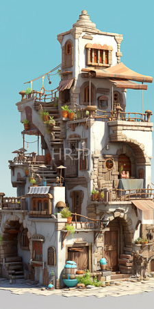 High Resolution: Intricately detailed multi-story Mediterranean-style building with white and beige stucco walls adorned by wooden shutters in various states download. | HRJPG.com