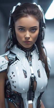 High Resolution: Attractive young woman with fair skin and brown hair wearing futuristic white armor that exposes her cleavage download. | HRJPG.com