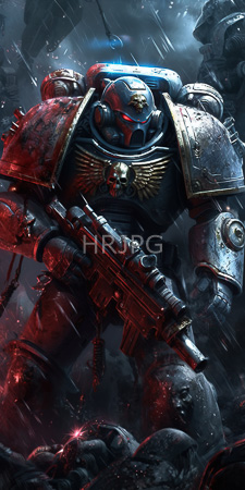 High Resolution: Armored humanoid robot with blue and red metallic plating standing in heavy rain amidst skeletal remains download. | HRJPG.com