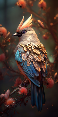 High Resolution: Intricately detailed bird with vibrant plumage featuring blue and gold feathers on its wings orange-red crest black beak perched amid blurred pink flowers download. | HRJPG.com