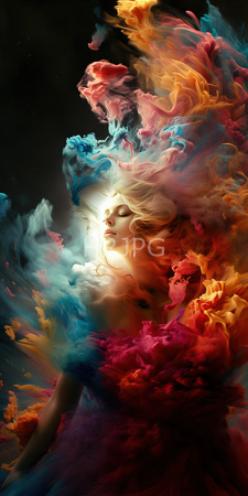 High Resolution: Ethereal light-skinned woman with closed eyes and serene expression enveloped in vibrant smoke clouds download. | HRJPG.com