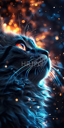 High Resolution: Anthropomorphic black cat with glowing red eyes and detailed fur texture illuminated by blue and orange light download. | HRJPG.com