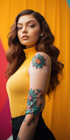 High Resolution: Attractive young woman with wavy brown hair wearing a mustard-yellow top revealing colorful floral tattoos download. | HRJPG.com