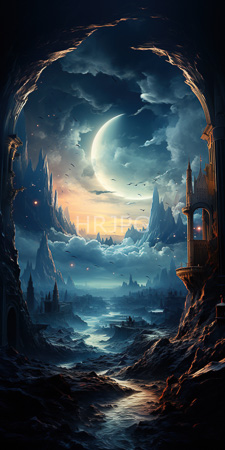 High Resolution: Ethereal moonlit landscape viewed through a rocky cave opening featuring an ornate medieval-style stone bridge download. | HRJPG.com
