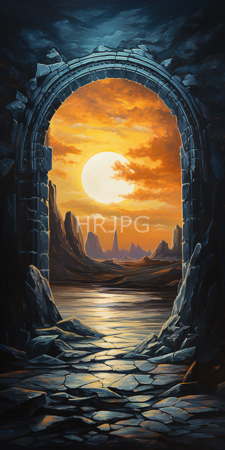 High Resolution: Arched stone doorway leading to a serene reflective lake at sunset with a glowing full moon download. | HRJPG.com