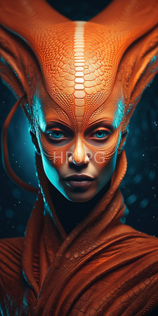 High Resolution: Alien with orange scaly skin and intricate headgear resembling antennae or horns download. | HRJPG.com