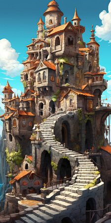 High Resolution: Elaborate multi-tiered stone castle with red-tiled roofs and arched staircases surrounded by lush greenery download. | HRJPG.com