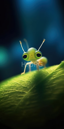 High Resolution: Emerald green tiny insect with large black eyes and slender antennae perched on a vivid lime-green leaf download. | HRJPG.com