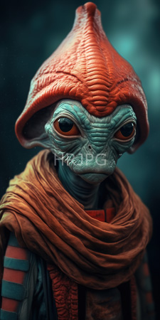 High Resolution: Alien with blue-green skin large expressive eyes and prominent wrinkles wearing a textured orange helmet download. | HRJPG.com