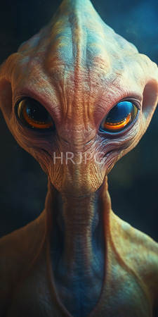 High Resolution: Alien with wrinkled orange-brown skin and large reflective amber eyes in a slender face download. | HRJPG.com