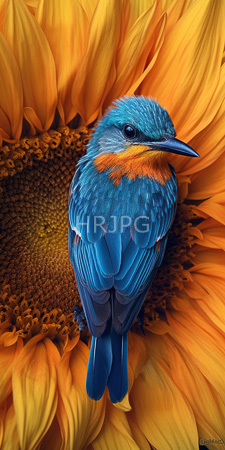 High Resolution: Azure-winged magpie with vibrant blue and orange feathers perched amidst large sunflower petals download. | HRJPG.com