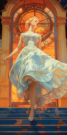 High Resolution: Elegant blonde woman in flowing white dress dancing down blue steps against an orange-lit arched window download. | HRJPG.com