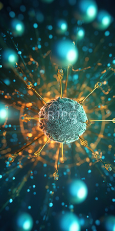 High Resolution: Abstract spherical virus-like structure with golden spikes radiating outward against a blurred background download. | HRJPG.com
