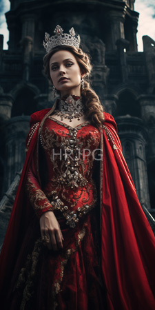 High Resolution: Elegant fair-skinned woman in intricate red and gold Renaissance-style gown wearing a detailed crown download. | HRJPG.com