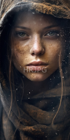 High Resolution: Intense young woman with fair skin and freckles wearing a brown woolen hooded cloak download. | HRJPG.com