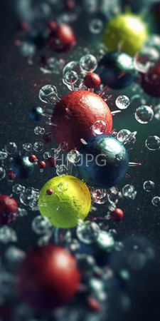 High Resolution: Colorful spherical particles with spiky surfaces floating in water-like liquid download. | HRJPG.com
