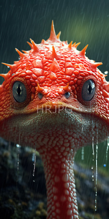 High Resolution: Orange spiky-scaled lizard-like creature with large black eyes and drooping tears in an underwater setting download. | HRJPG.com