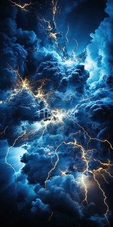 High Resolution: Dramatic dark blue clouds illuminated by bright yellow lightning bolts that crisscross through them download. | HRJPG.com