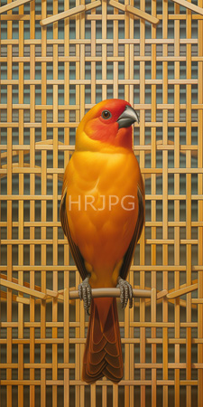 High Resolution: Orange and red budgerigar perched on a wooden bar against a woven bamboo background download. | HRJPG.com