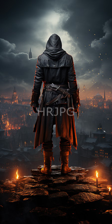 High Resolution: Anonymous hooded figure in dark leather armor standing on stone steps at night download. | HRJPG.com