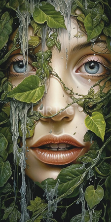 High Resolution: Ethereal realistic female face with blue eyes and full orange lips partially obscured by green leaves download. | HRJPG.com