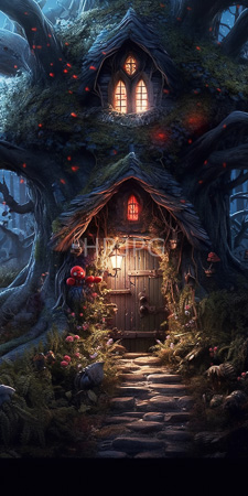 High Resolution: Enchanting moss-covered treehouse with small windows and wooden door surrounded by glowing red mushrooms download. | HRJPG.com