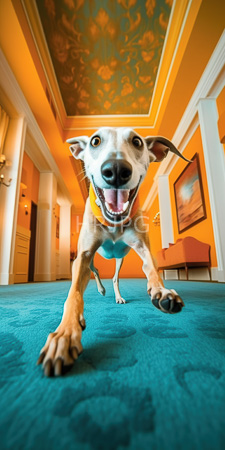 High Resolution: Excited small white and brown dog with large ears running towards the camera on teal carpet download. | HRJPG.com