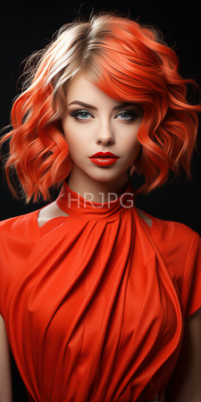 High Resolution: Attractive young woman with striking blue eyes and vibrant red wavy hair wearing a matching bright-red dress download. | HRJPG.com