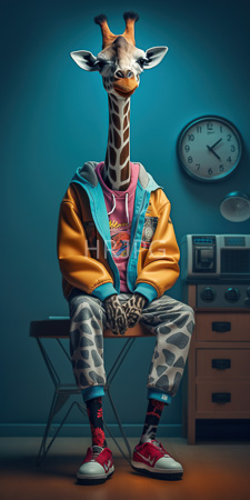 High Resolution: Anthropomorphic giraffe wearing colorful clothing including an orange and blue jacket over a pink shirt download. | HRJPG.com