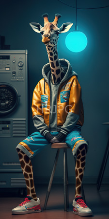 High Resolution: Anthropomorphic giraffe with brown and white patterned fur wearing a yellow bomber jacket download. | HRJPG.com