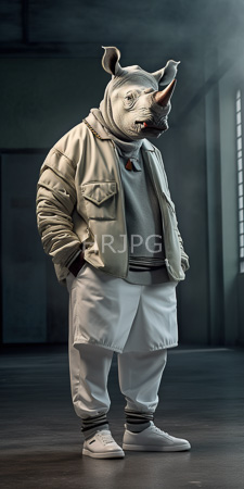 High Resolution: Individual wearing white rhinoceros mask with prominent horn and ears download. | HRJPG.com