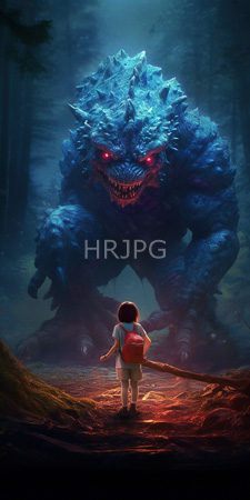 High Resolution: Eerie forest scene with glowing red eyes of a massive blue-scaled monster looming over a small child download. | HRJPG.com