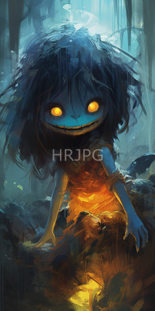 High Resolution: Eerie child-like creature with glowing orange eyes and jagged teeth in dark blue skin download. | HRJPG.com