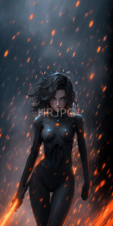 High Resolution: Intense dark-haired woman in black futuristic armor with glowing orange accents holding a fiery sword download. | HRJPG.com