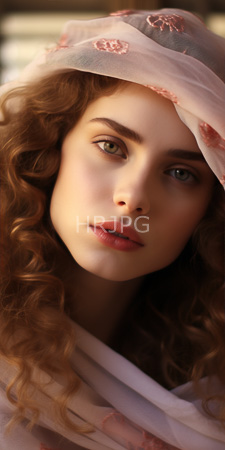High Resolution: Ethereal young woman with curly brown hair adorned in soft pink floral-patterned fabric download. | HRJPG.com